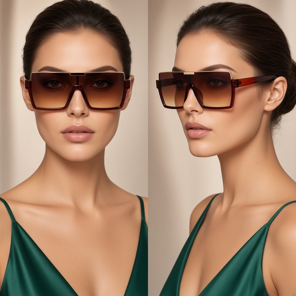 Women Oversized Square Flat Top Sunglasses Tea Brown Gradient Gold Accent Shield
